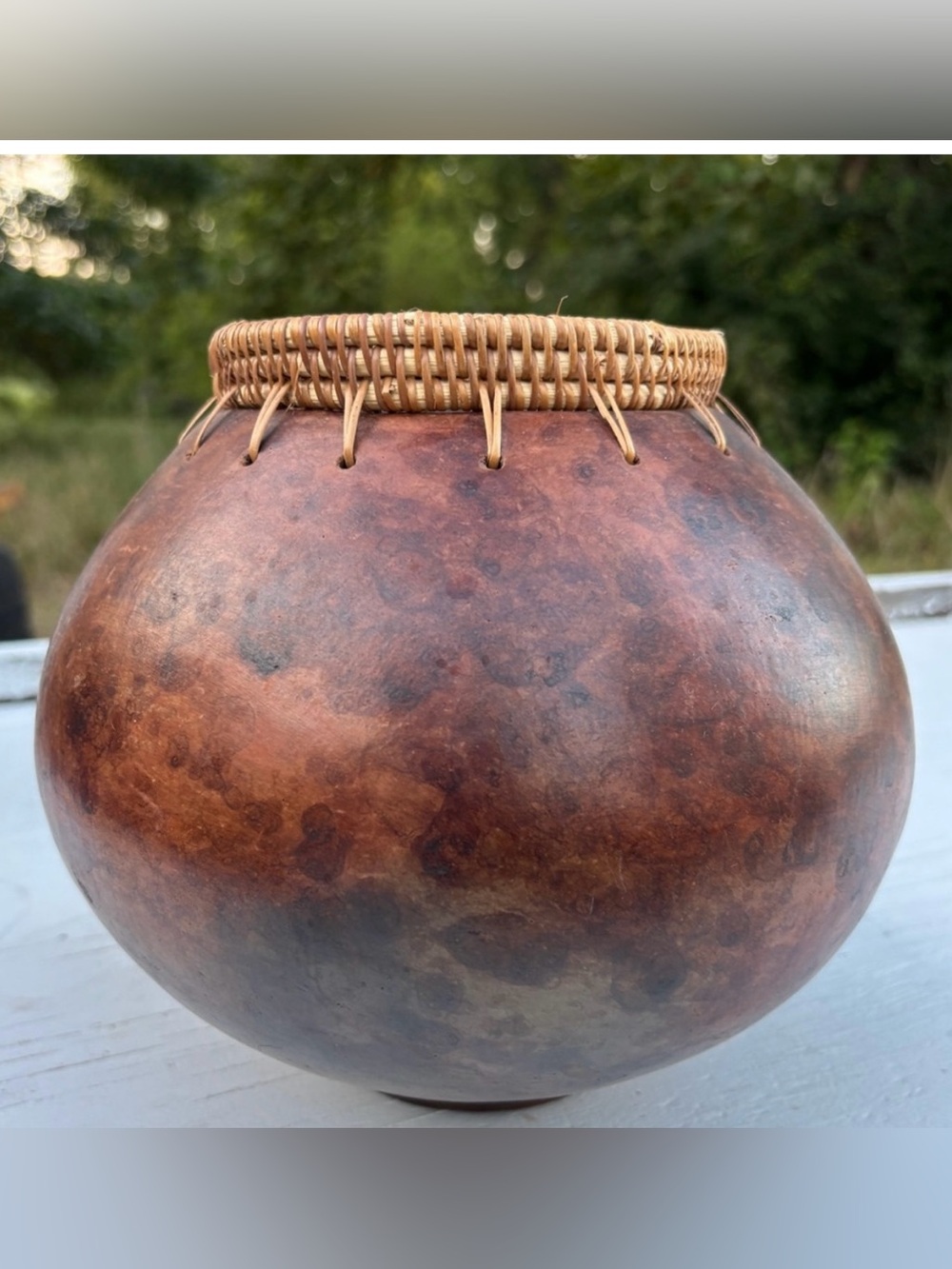 VTG Pier 1 Handmade Gourd Style Clay Pottery Basket Weave Stitched rim tribal